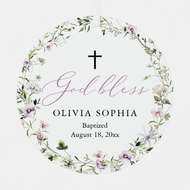 Wildflower Purple Girl Photo Baptism Ornament (Front)