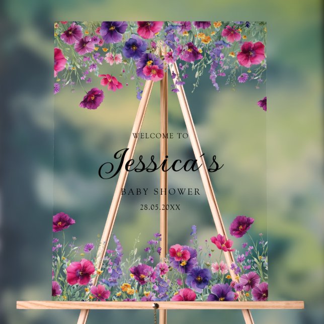 Wildflower, Purple-Pink-Flower Baby Shower Acrylic Sign (Neutral)