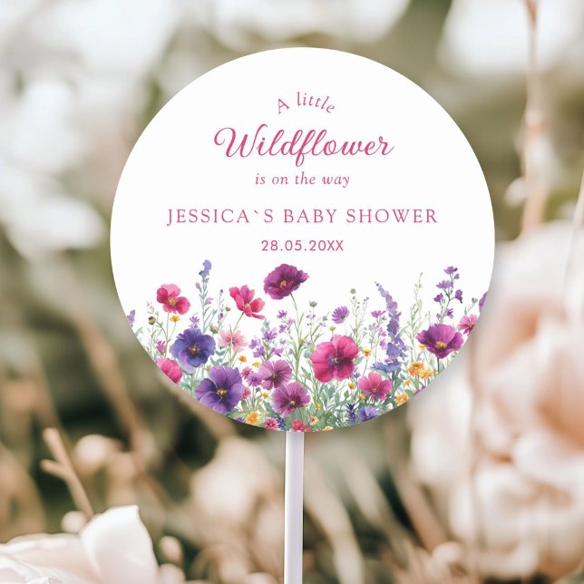 Wildflower, Purple-Pink-Flower Baby Shower Classic Round Sticker (Personalized, Wildflower, Purple-Pink-Flower Baby Shower Classic Round Sticker with your Name & Date)