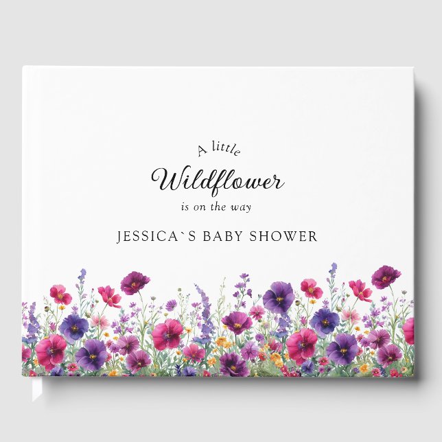 Wildflower, Purple-Pink-Flower Baby Shower Guest Book (Front)
