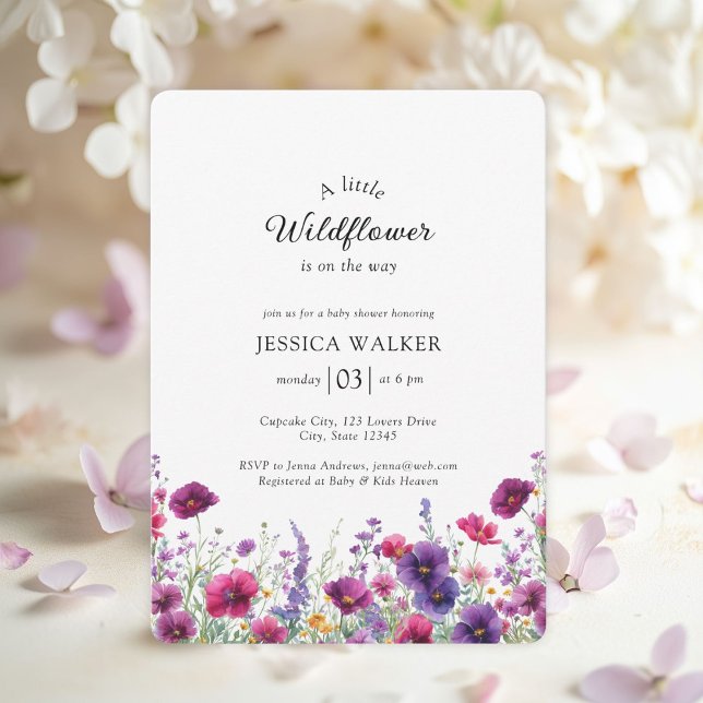 Wildflower, Purple-Pink-Flower Baby Shower Invitation (Wildflower, Purple-Pink-Flower White Baby Shower Invitation. For Baby Girl & Baby Boy.)