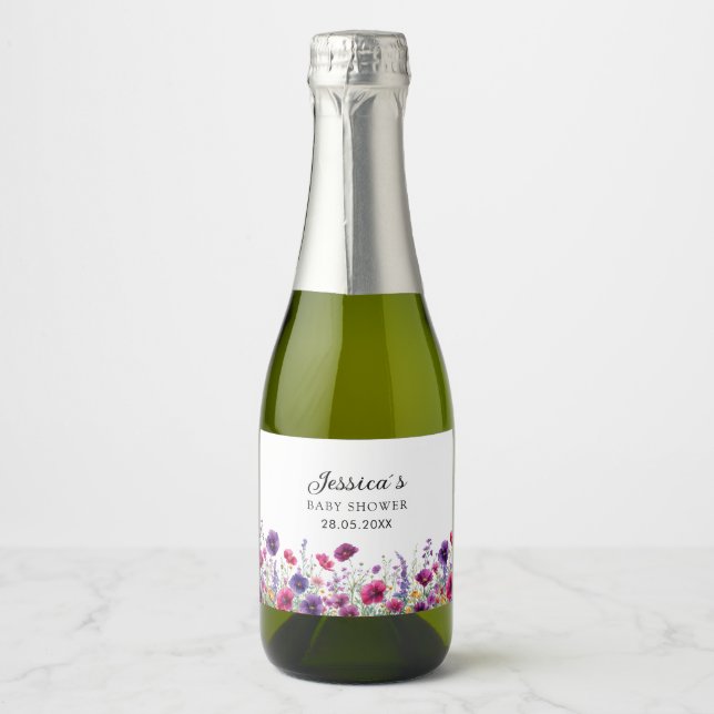 Wildflower, Purple-Pink-Flower Baby Shower  Sparkling Wine Label (Front)