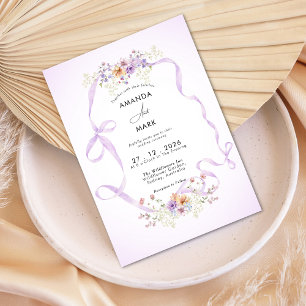 Wildflower Purple Ribbon Coquette Bow Wedding  Invitation
