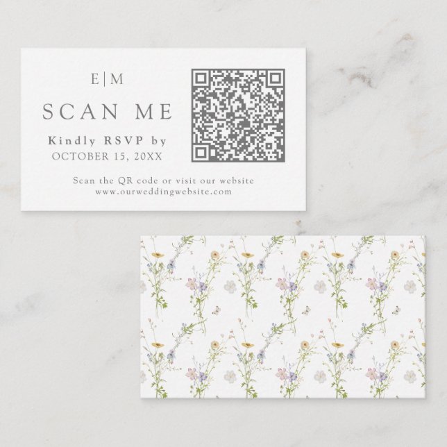 Wildflower QR Code Monogram Website Wedding RSVP Enclosure Card (Front/Back)