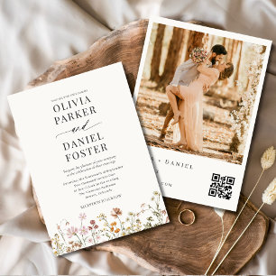 Wildflower QR Code Photo Boho Minimalist Wedding Invitation