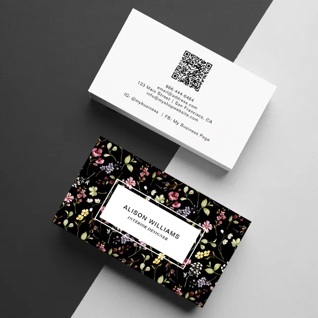 Wildflower QR Code Spring Floral Black Business Card Zazzle