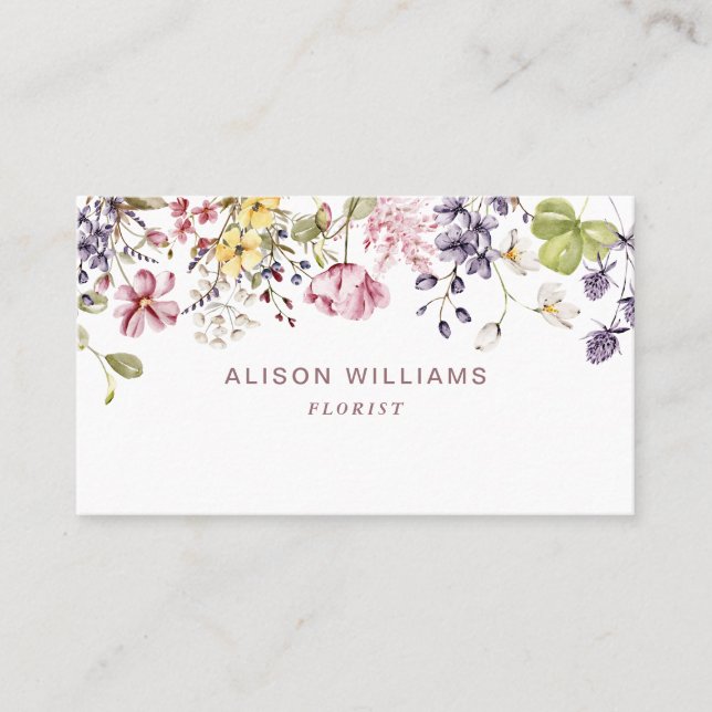 Wildflower QR Code Trendy Florist Business Card (Front)