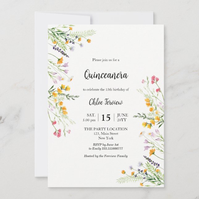 Wildflower Quinceañera elegant invitation (Front)