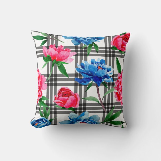 Wildflower red and blue peonies flowers pattern in cushion (Front)