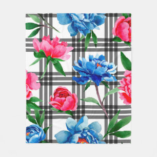 Wildflower red and blue peonies flowers pattern in fleece blanket
