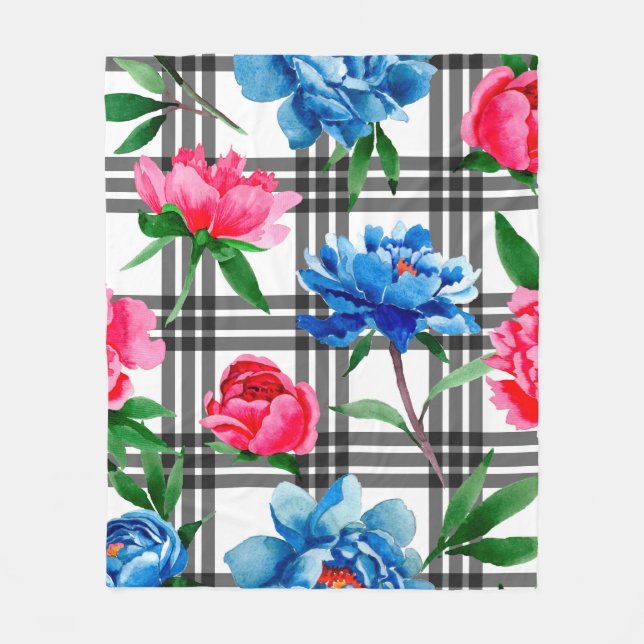 Wildflower red and blue peonies flowers pattern in fleece blanket (Front)