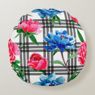 Wildflower red and blue peonies flowers pattern in round cushion