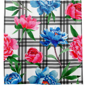 Wildflower red and blue peonies flowers pattern in shower curtain