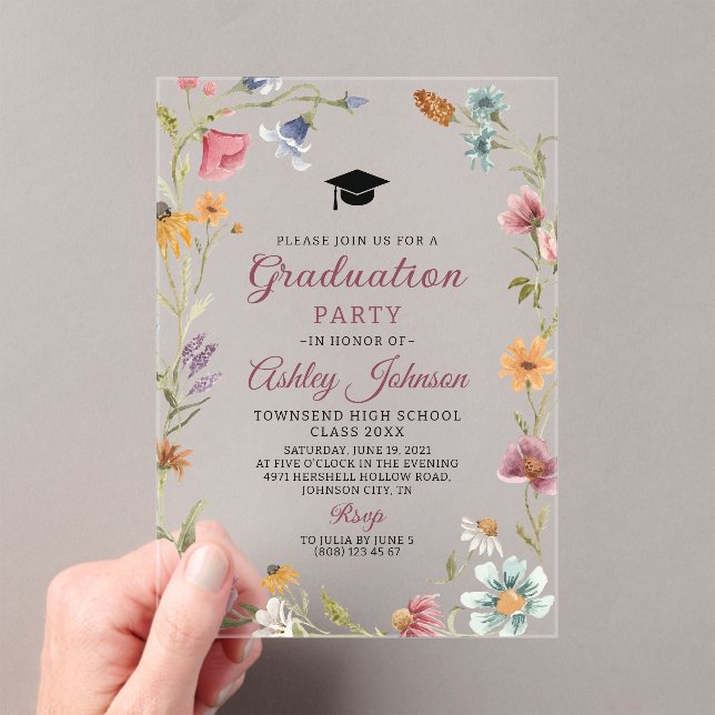 Wildflower Red Botanical Floral Graduation Acrylic Invitations (Insitu (Handheld))