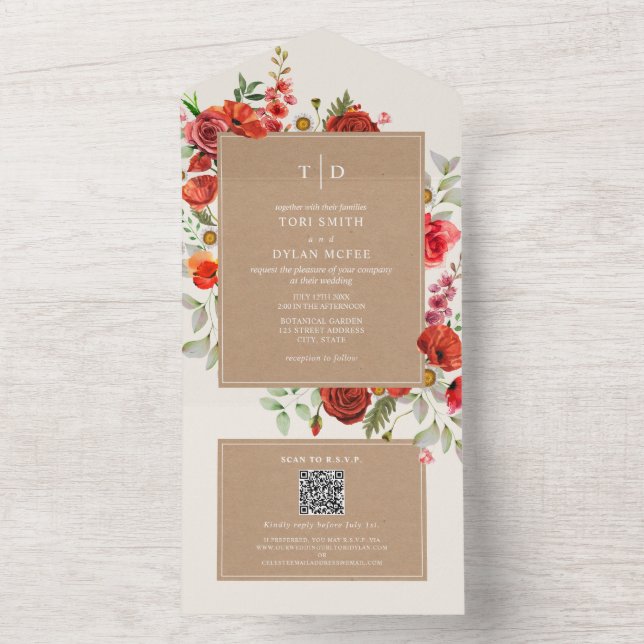 Wildflower Red Floral Cardstock Wedding RSVP All I All In One Invitation (Inside)