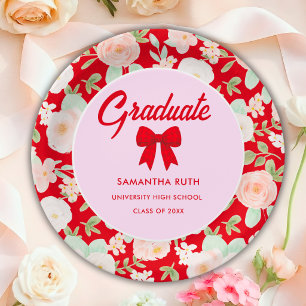 Wildflower Red Gingham Bow Graduation Party Paper Plate