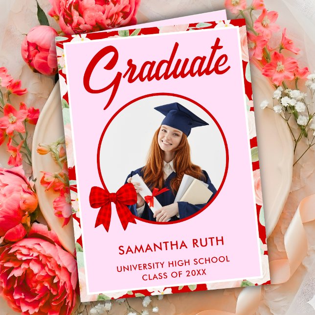 Wildflower Red Gingham Bow Photo Graduation  Card (Creator Uploaded)