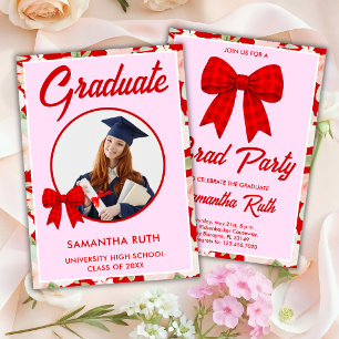 Wildflower Red Gingham Bow Photo Graduation Invitation