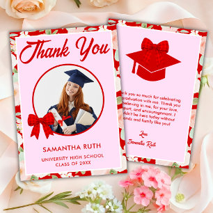 Wildflower Red Gingham Bow Photo Graduation Thank You Card