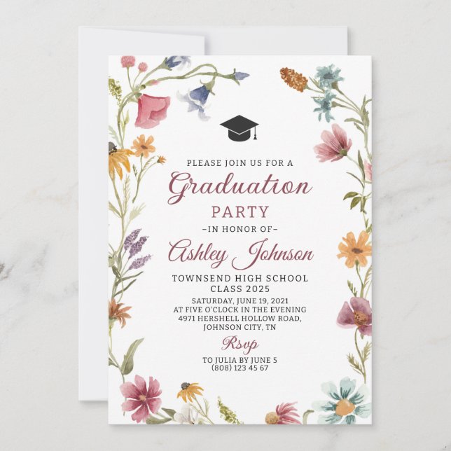 Wildflower Red Graduation Invitation Announcement (Front)