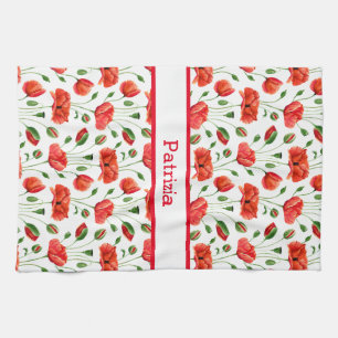 Wildflower Red Poppy Floral Pattern Custom Name  Tea Towel