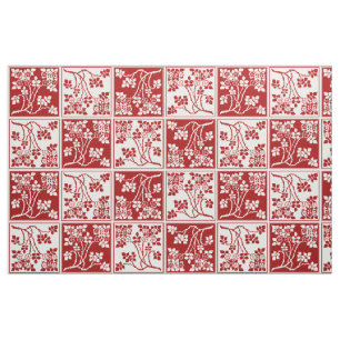 Wildflower Red White Tiled Pretty Floral Chequered Fabric