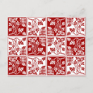 Wildflower Red White Tiled Pretty Floral Chequered Postcard