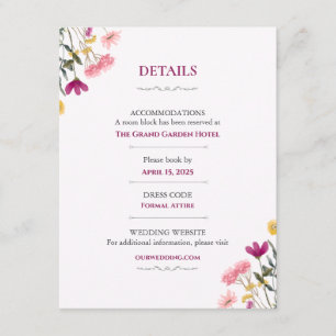 Wildflower Romance Wedding Details Card Pink Flo