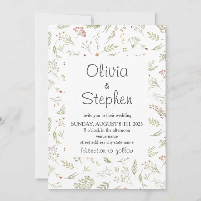Wildflower Romantic delicate floral Rustic Wedding Invitation (Front)