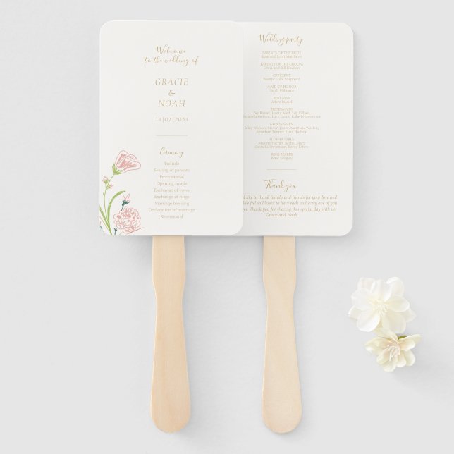 Wildflower Rose Ivory Folded Card Wedding Program Hand Fan (Front and Back)