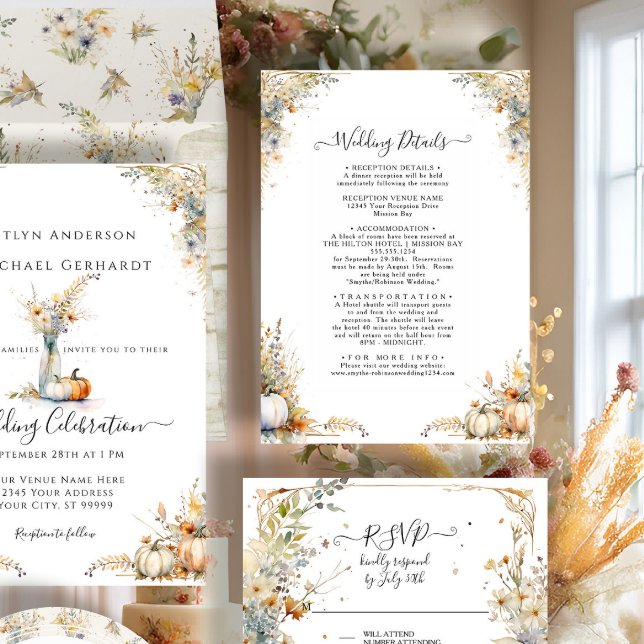 Wildflower Rustic Autumn Pumpkin Wedding Details Invitation (Creator Uploaded)