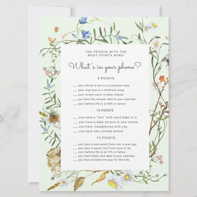 wildflower rustic Baby Shower phone game card (Front)