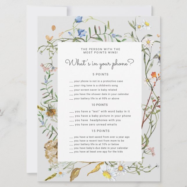 wildflower rustic Baby Shower phone game card (Front)