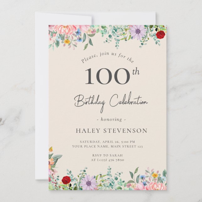 Wildflower Rustic Boho 100th Birthday Simple Beige Invitation (Front)