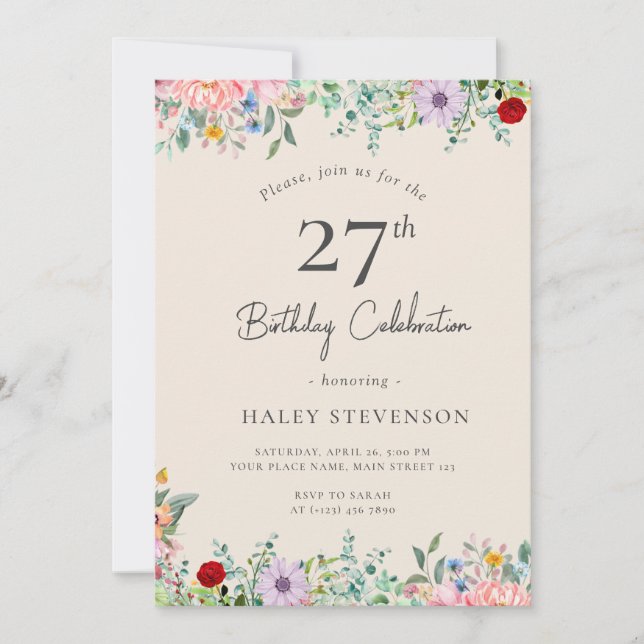 Wildflower Rustic Boho 27th Birthday Simple Beige Invitation (Front)