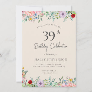 Wildflower Rustic Boho 39th Birthday Simple Beige Invitation