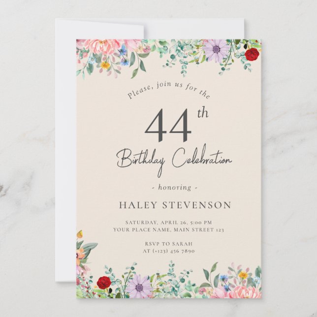 Wildflower Rustic Boho 44th Birthday Simple Beige Invitation (Front)