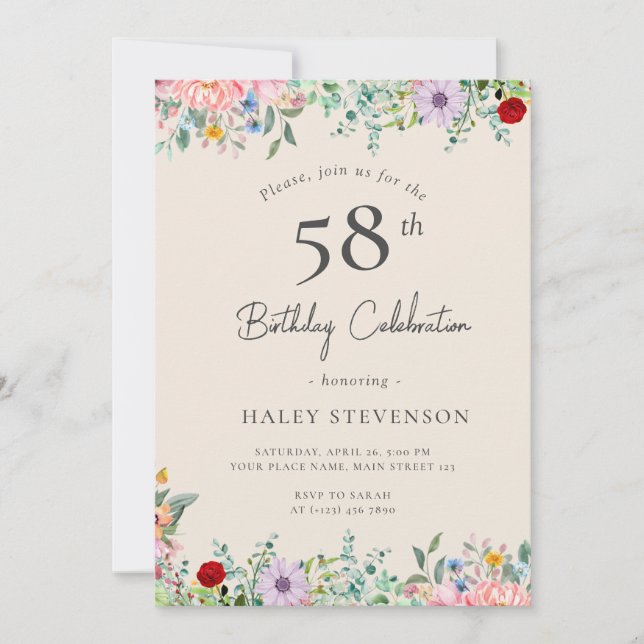 Wildflower Rustic Boho 58th Birthday Simple Beige Invitation (Front)