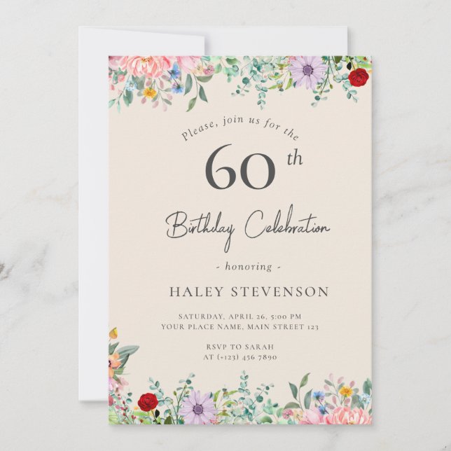 Wildflower Rustic Boho 60th Birthday Simple Beige Invitation (Front)