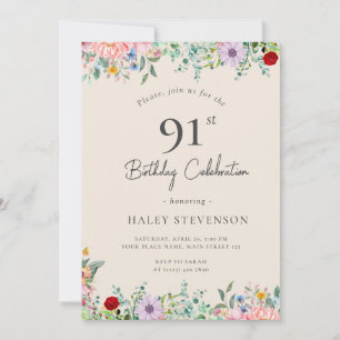Wildflower Rustic Boho 91st Birthday Simple Beige Invitation