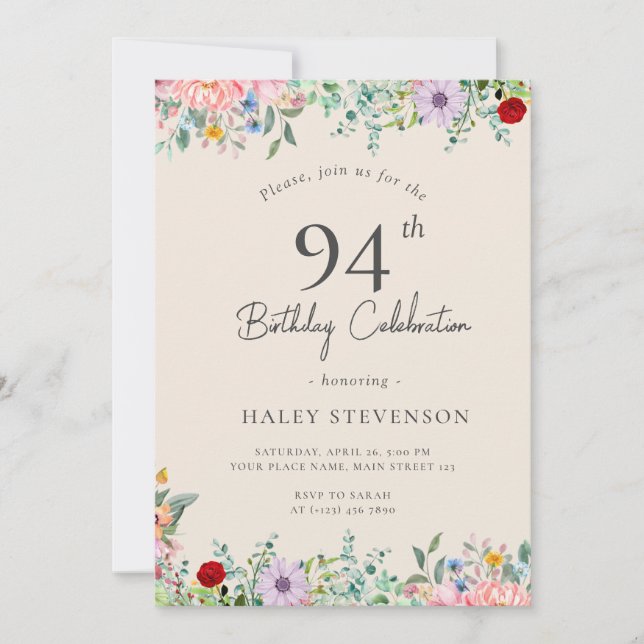 Wildflower Rustic Boho 94th Birthday Simple Beige Invitation (Front)