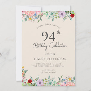 Wildflower Rustic Boho 94th Birthday Simple Beige Invitation