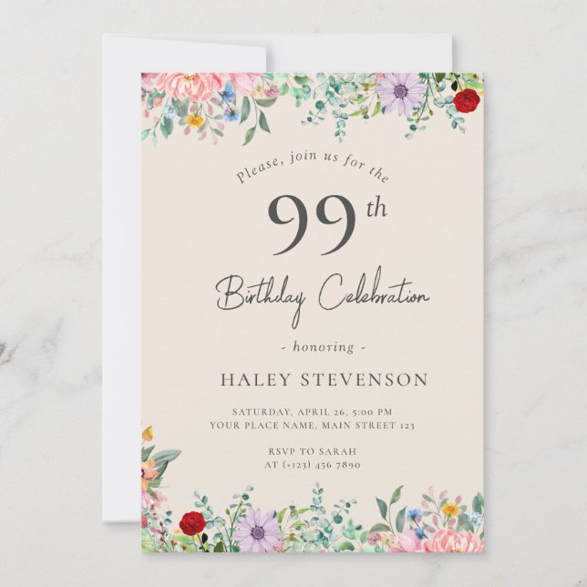 Wildflower Rustic Boho 99th Birthday Simple Beige Invitation (Front)