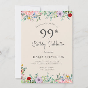 Wildflower Rustic Boho 99th Birthday Simple Beige Invitation