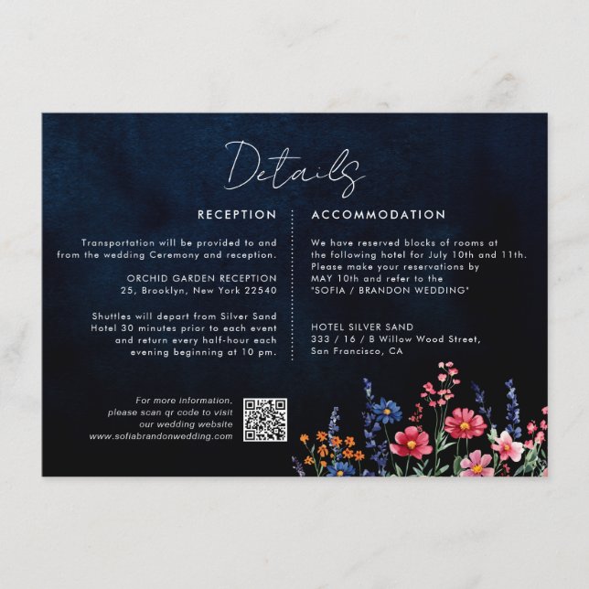 Wildflower Rustic Boho Floral Navy Wedding Details Enclosure Card (Front)