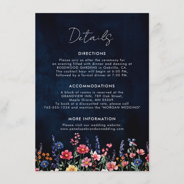 Wildflower Rustic Boho Floral Navy Wedding Details Enclosure Card (Front)