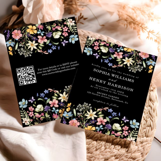 Wildflower Rustic Chic Black Wedding QR Code  Invitation (Creator Uploaded)