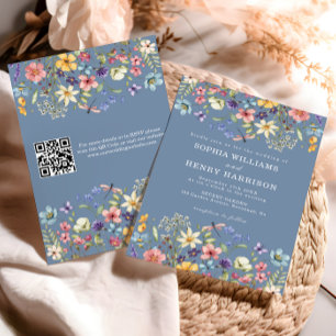 Wildflower Rustic Chic Blue Wedding QR Code Invitation