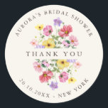 Wildflower Rustic Chic  Bridal shower thank you Classic Round Sticker<br><div class="desc">Celebrate your love story with this elegant floral bridal shower thank you sticker. featuring a charming watercolor wild flower design and modern calligraphy script. Perfect for a garden wedding, outdoor ceremony, or rustic boho celebration, this design blends whimsical floral elements with timeless elegance. Ideal for summer or spring weddings, the...</div>