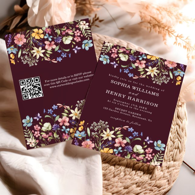Wildflower Rustic Chic Burgundy Wedding QR Code  Invitation (Creator Uploaded)